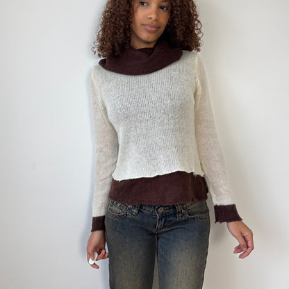Vintage Italian layered knit sweater with contrast brown trim and cowl neckline (S)
