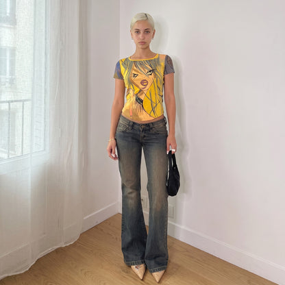 Vintage Custo Barcelona Yellow Graphic Girl Cotton Baby Tee Y2K (S)