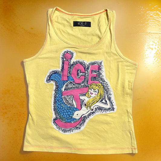 Vintage Y2K Ice Iceberg Yellow Graphic Tank Top (S) Mermaid Print Contrasted Seams