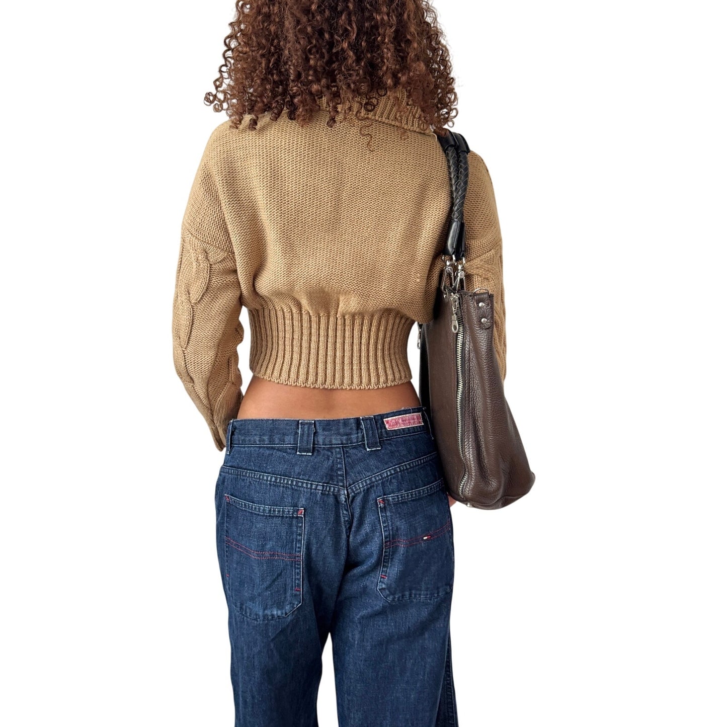 Vintage Italian Camel Cable Knit Cropped Turtleneck Sweater (S)