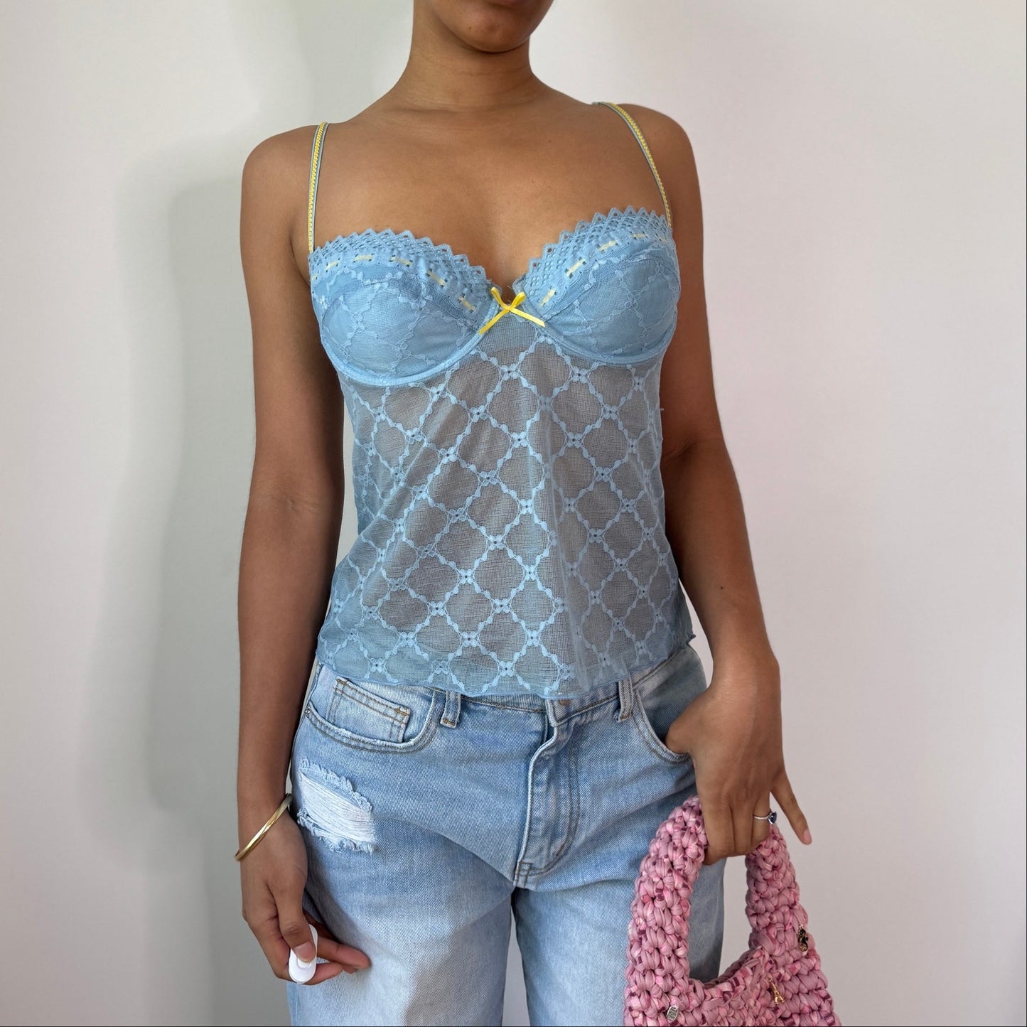 Vintage Baby Blue Lace Bustier Cami Euro Y2K Lingerie Top (S) ⠀