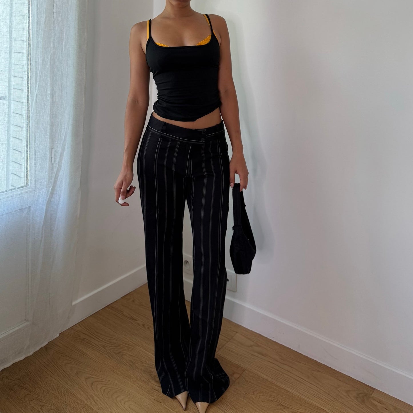 Vintage Black White Pinstripe Low Rise Flare Trousers Y2K (S)