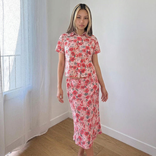 Vintage Pink Red Floral Silk Co-Ord Set by Marella (S) ⠀