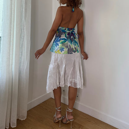 Vintage Blue Floral Sequin Halter Top Open Back Tie Waist Italian Y2K (S)