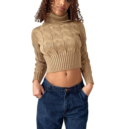 Vintage Italian Camel Cable Knit Cropped Turtleneck Sweater (S)
