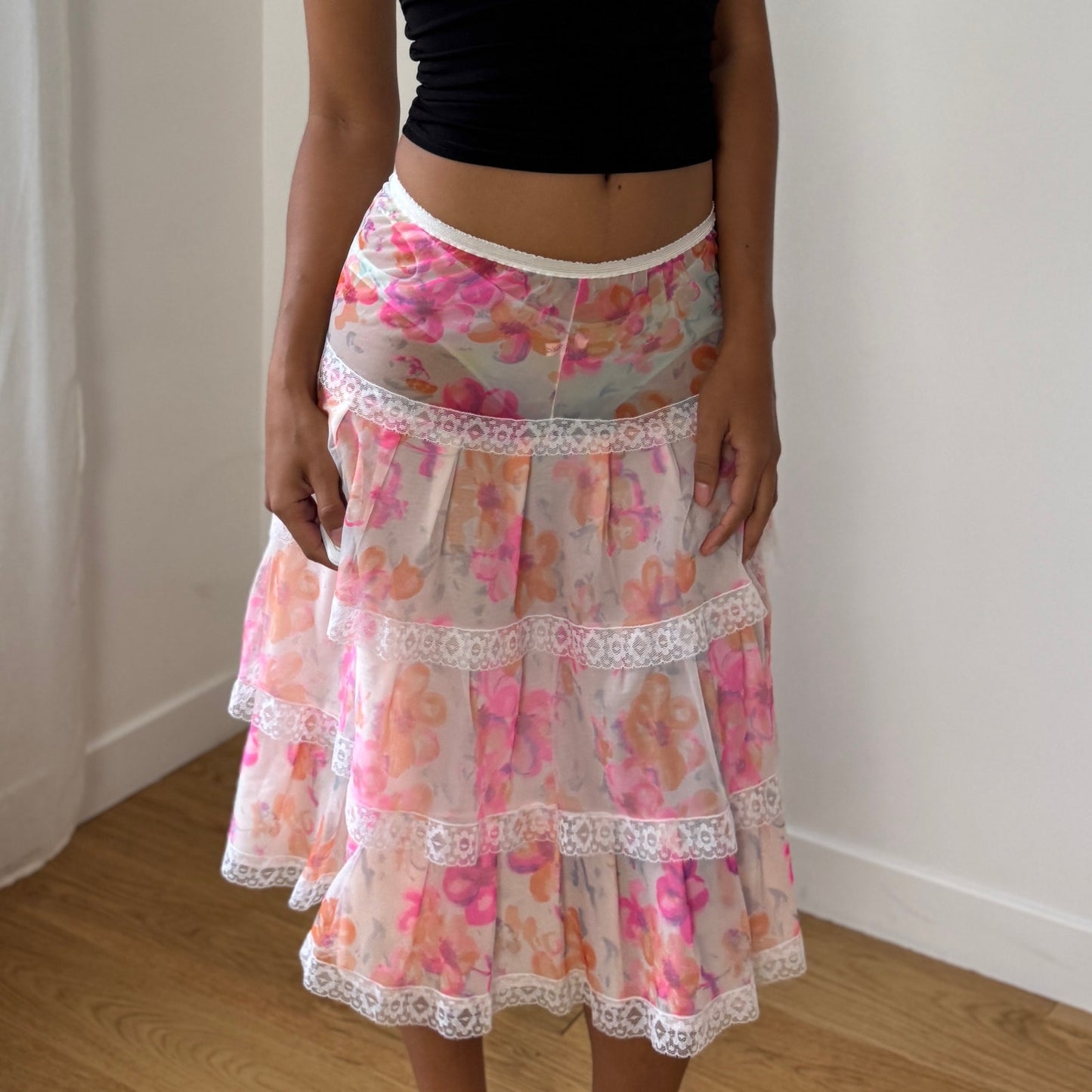 Vintage Euro floral mesh tiered lace-trim semi-sheer midi skirt (XS/S)
