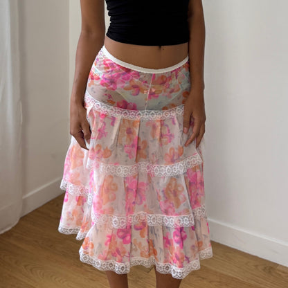 Vintage Euro floral mesh tiered lace-trim semi-sheer midi skirt (XS/S)