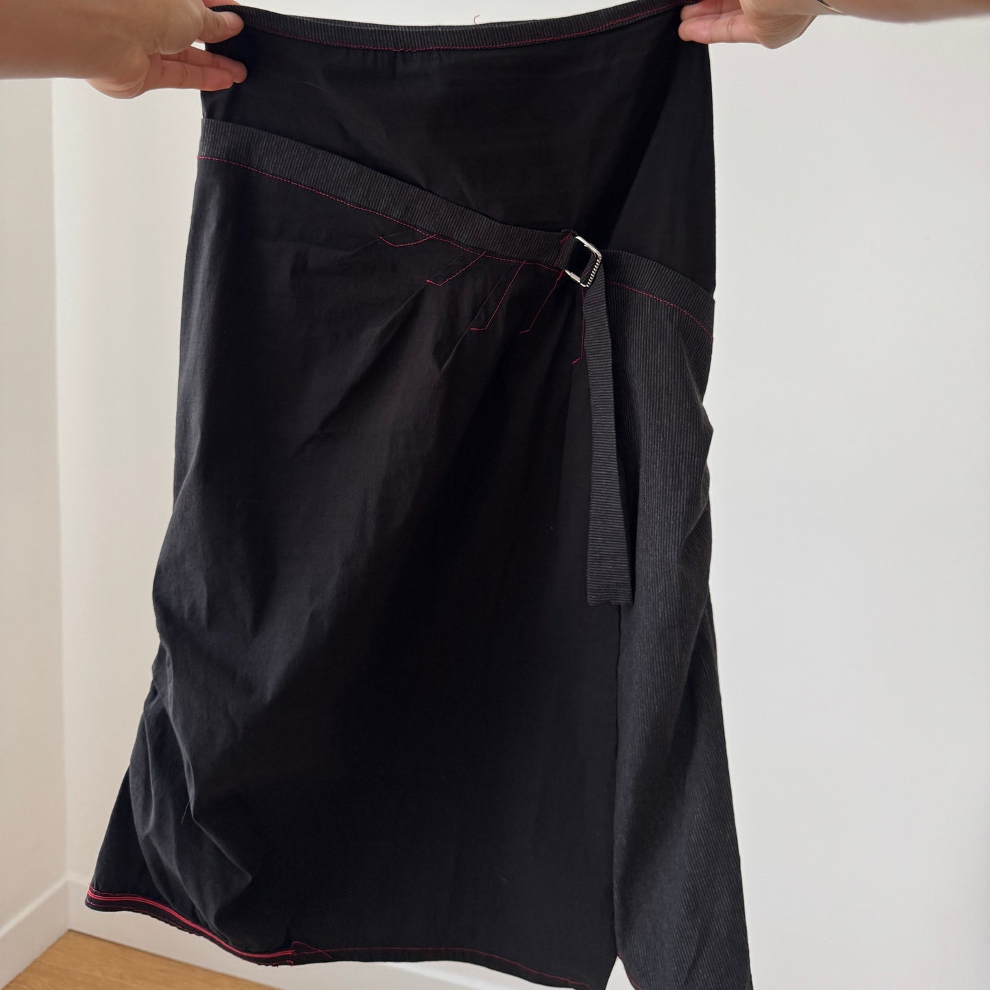 Vintage French black asymmetric wrap-style midi skirt with contrast stitching (XS/S)