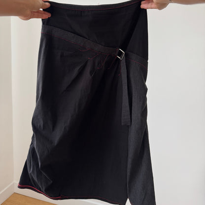 Vintage French black asymmetric wrap-style midi skirt with contrast stitching (XS/S)
