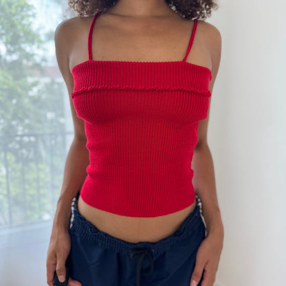 French 90s Vintage Ribbed Knit Cami in Cherry Red (S/M)