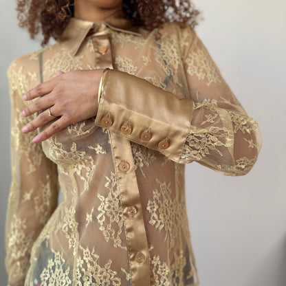 Vintage Beige Sheer Lace Mesh Button Up Blouse Euro Sourced (S) ⠀