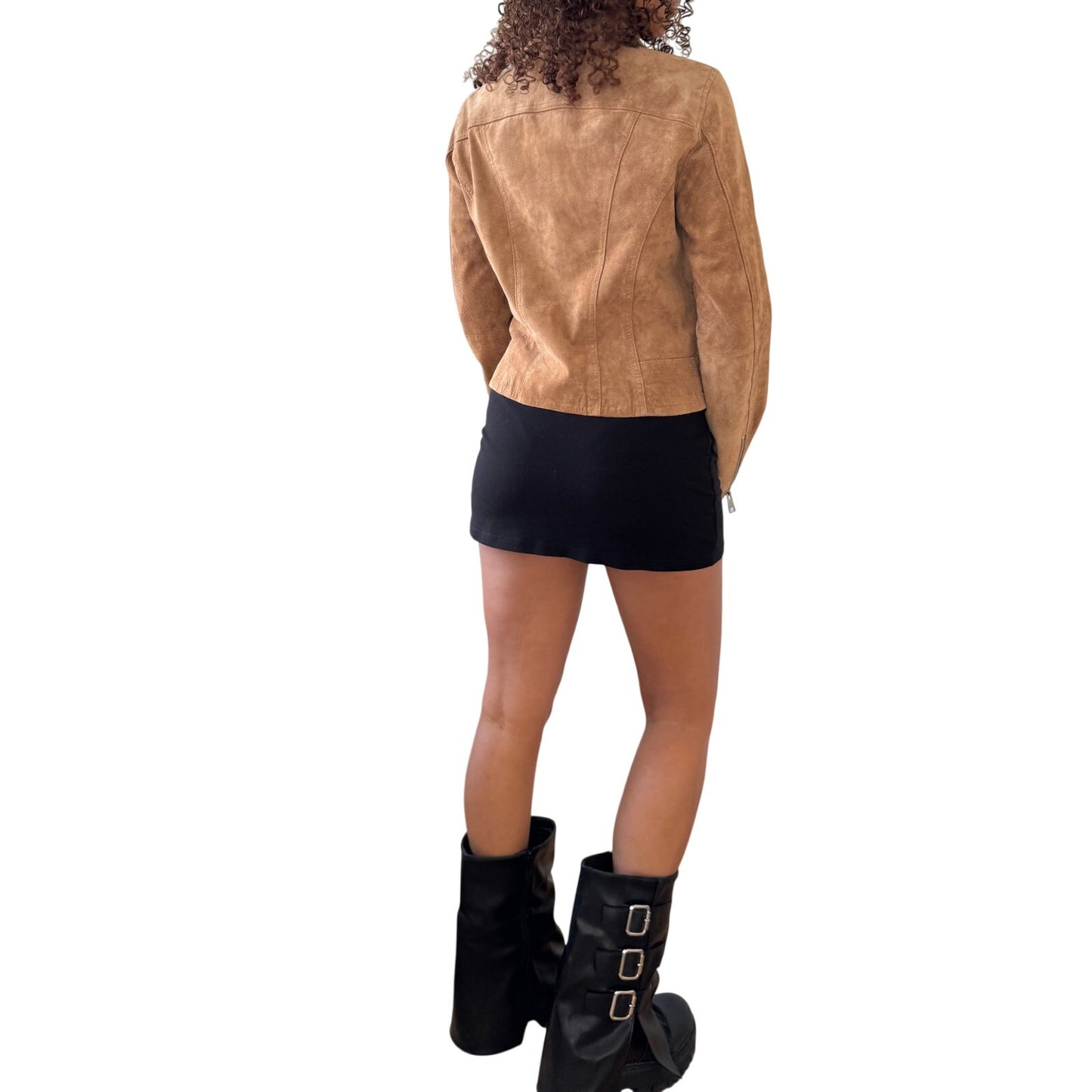 Vintage tan real leather biker jacket with zip front and pocket detail (S/M)