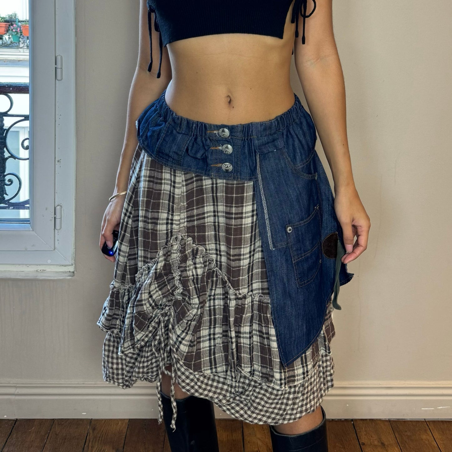 Vintage 00s plaid midi skirt with denim waistband and back (XS/S)