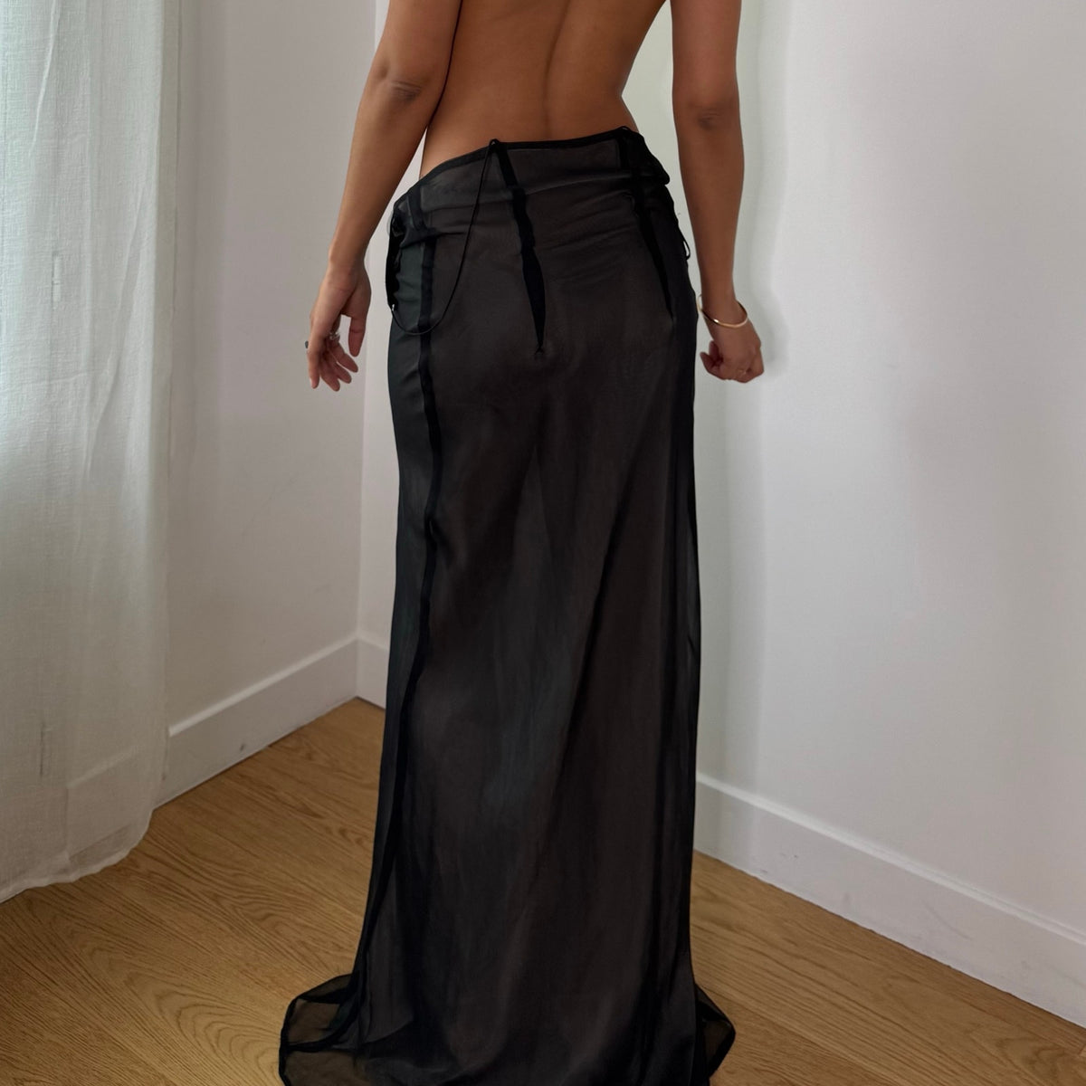 Vintage Italian Black Sheer Floral Embroidered Maxi Dress (S)