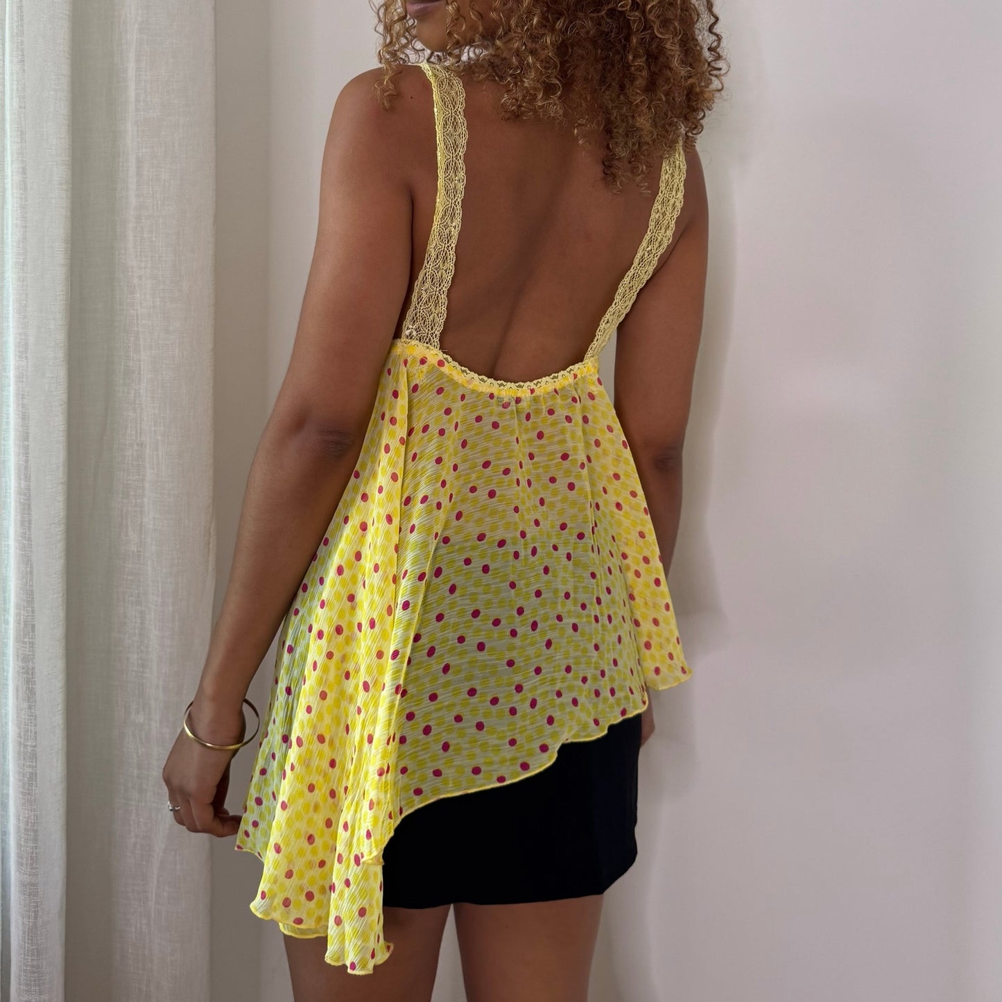 Vintage Denny Rose Yellow Red Polka Dot Lace Mesh Babydoll Top Italian Y2K (M)