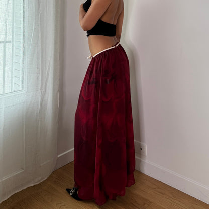 Vintage Burgundy Floral Mesh Maxi Skirt Sheer Layer Italian Y2K (S)
