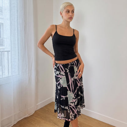 Vintage Black Pink Floral Mesh Midi Skirt Abstract Print Italian Y2K (XS/S)