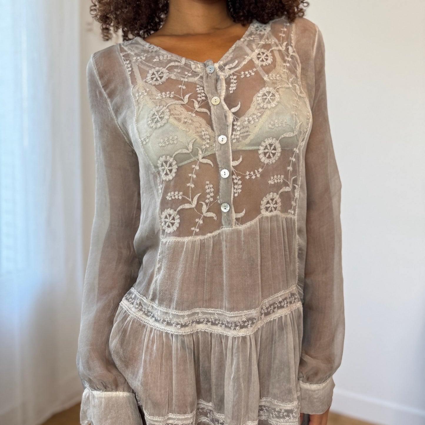 Vintage Italian Sheer Silk Embroidered Mini Dress (S/M)