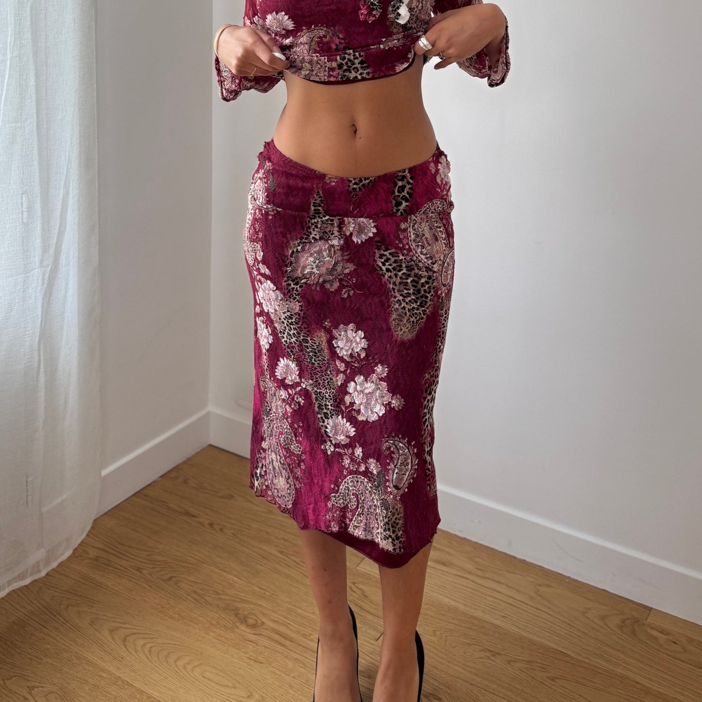 Vintage Burgundy Floral & Cheetah Lace Midi Skirt Y2K French (S)