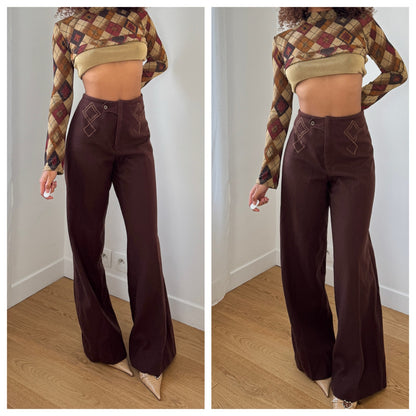 Vintage Italian chocolate brown wide-leg trousers with embroidered front details (S/M)