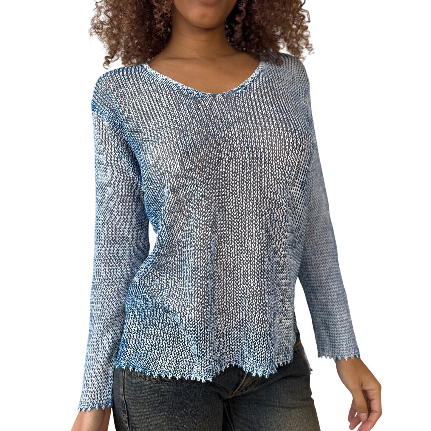 Vintage Italian 00s Blue Linen Knit Long Sleeve Top (Medium)