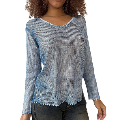 Vintage Italian 00s Blue Linen Knit Long Sleeve Top (Medium)