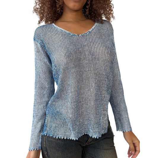 Vintage Italian 00s Blue Linen Knit Long Sleeve Top (Medium)
