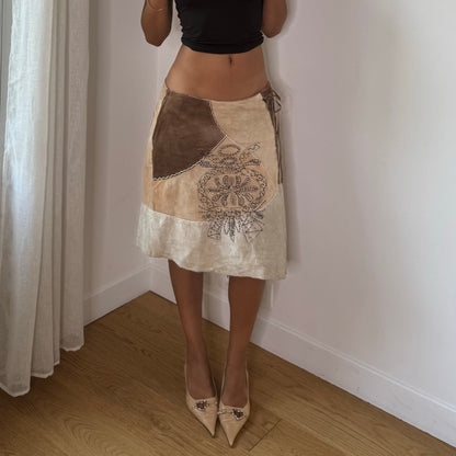 Vintage Italian Suede Leather Beaded Lace Up Skirt (S/M)
