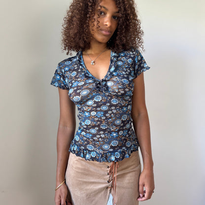 Denny Rose Blue Floral Mesh Ruffle Top (XS/S)