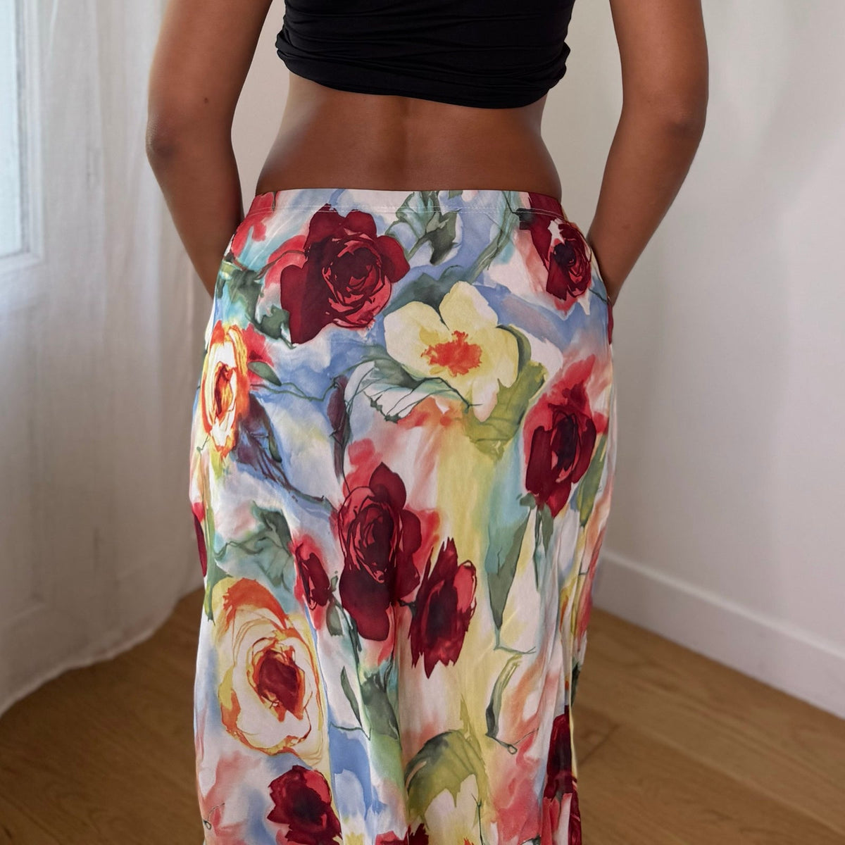 European vintage floral print mesh midi skirt with ruffled hem
