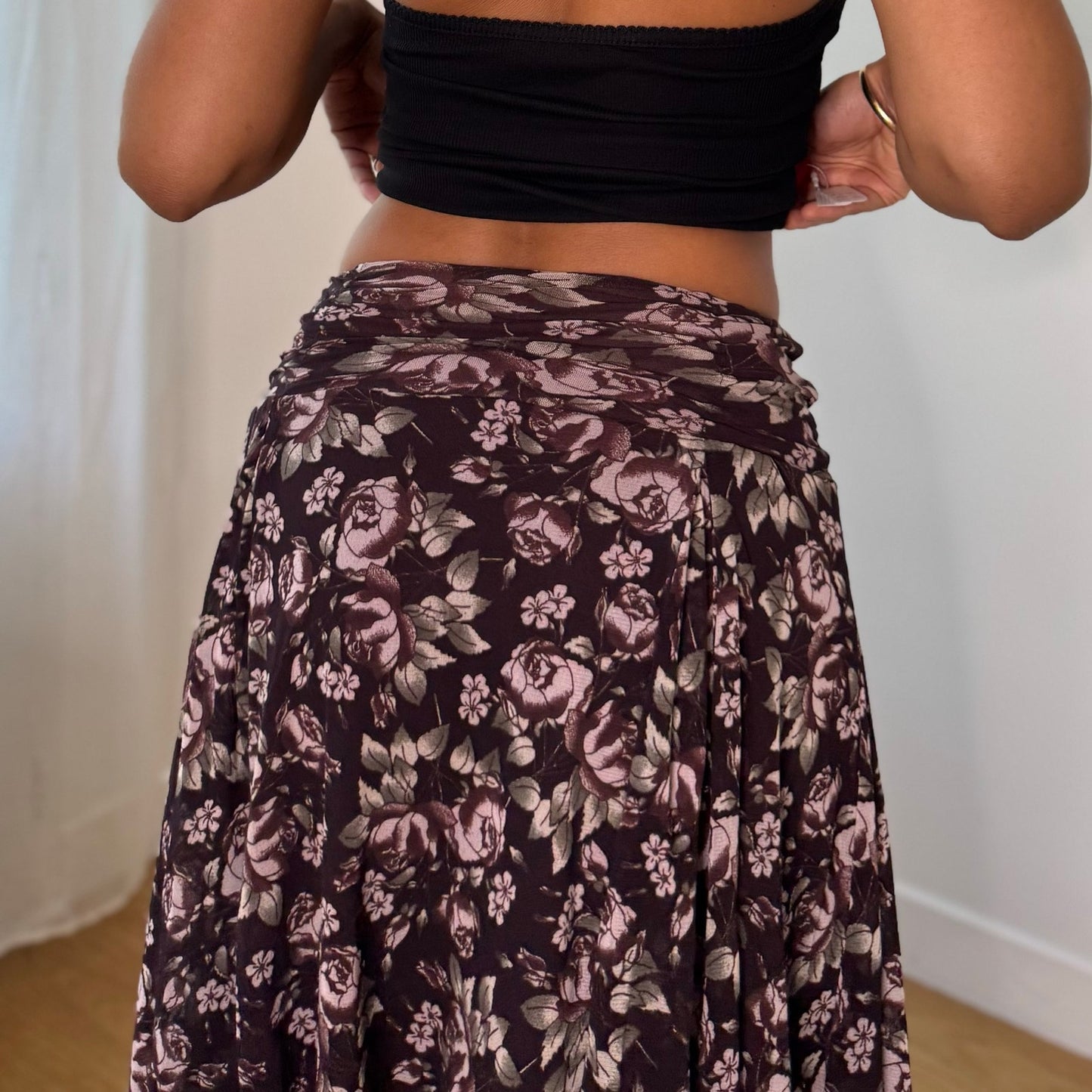 Vintage Kookai Purple Pink Floral Mesh Midi Skirt French Y2K (XS)