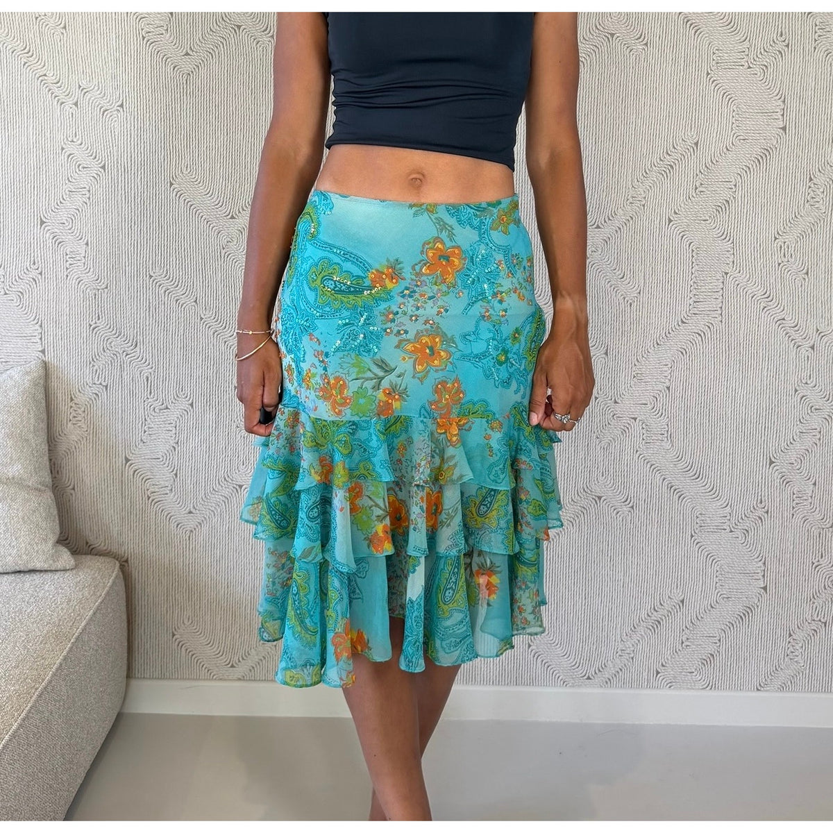 Euro Vintage Turquoise Orange Floral Paisley Sequin Mesh Tiered Ruffle Midi Skirt