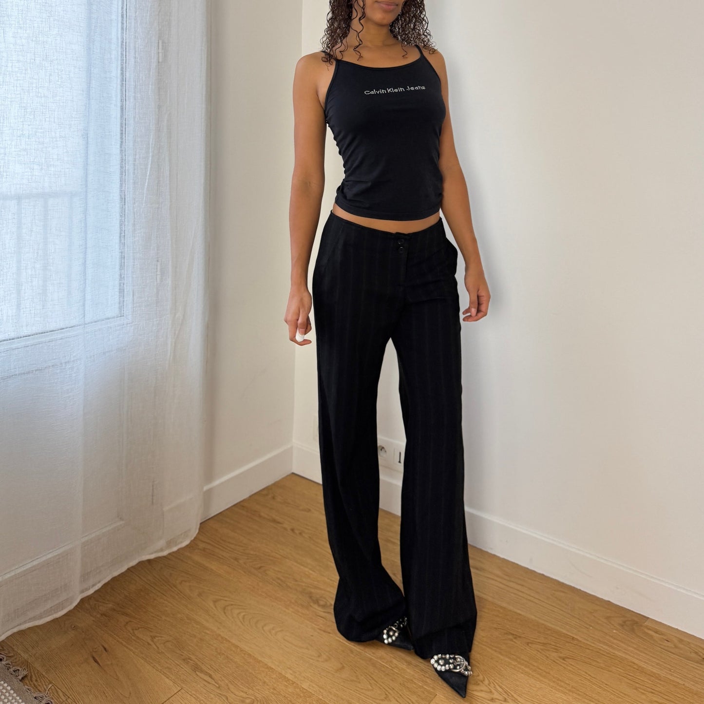Vintage Euro Black Tonal Pinstripe Low Rise Wide Leg Trousers (Small)