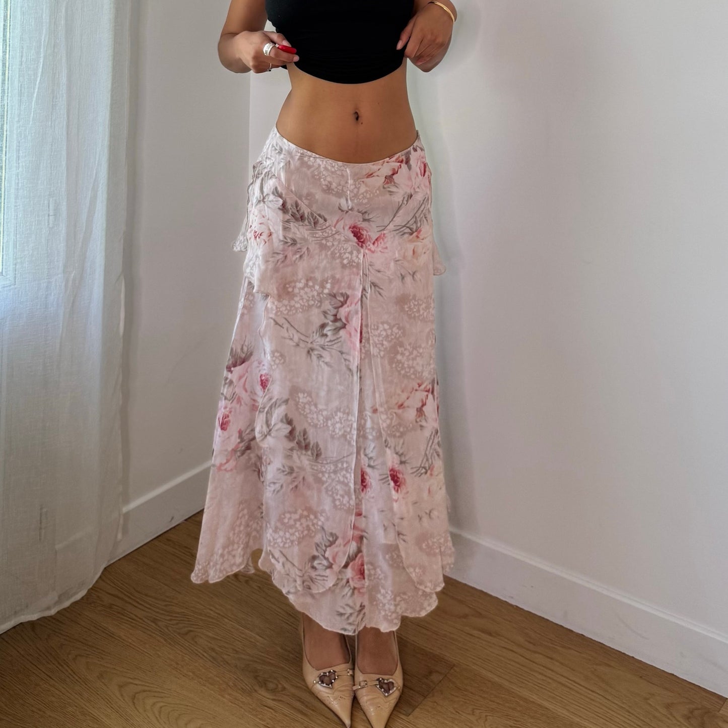 Vintage Blumarine Pink Floral Silk Maxi Skirt Ruffle Layer Italian Y2K (S)