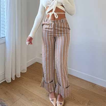 Vintage Italian tan striped high-waisted trousers with shimmer detail (XS)