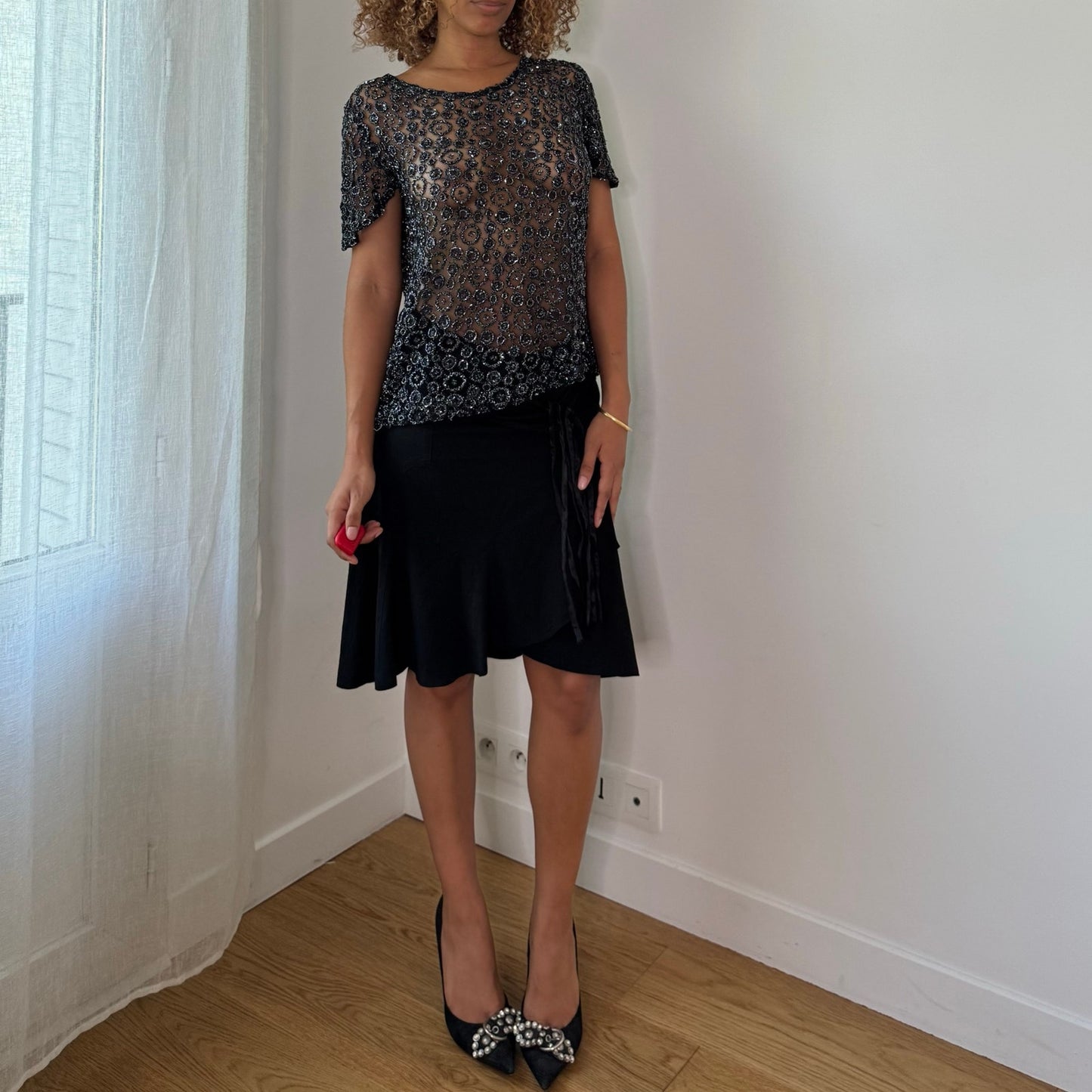 Vintage Black Beaded Mesh Top Sheer Floral Sequin Y2K (S/M)