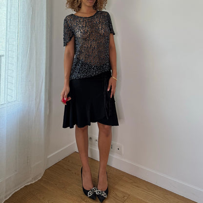 Vintage Black Beaded Mesh Top Sheer Floral Sequin Y2K (S/M)