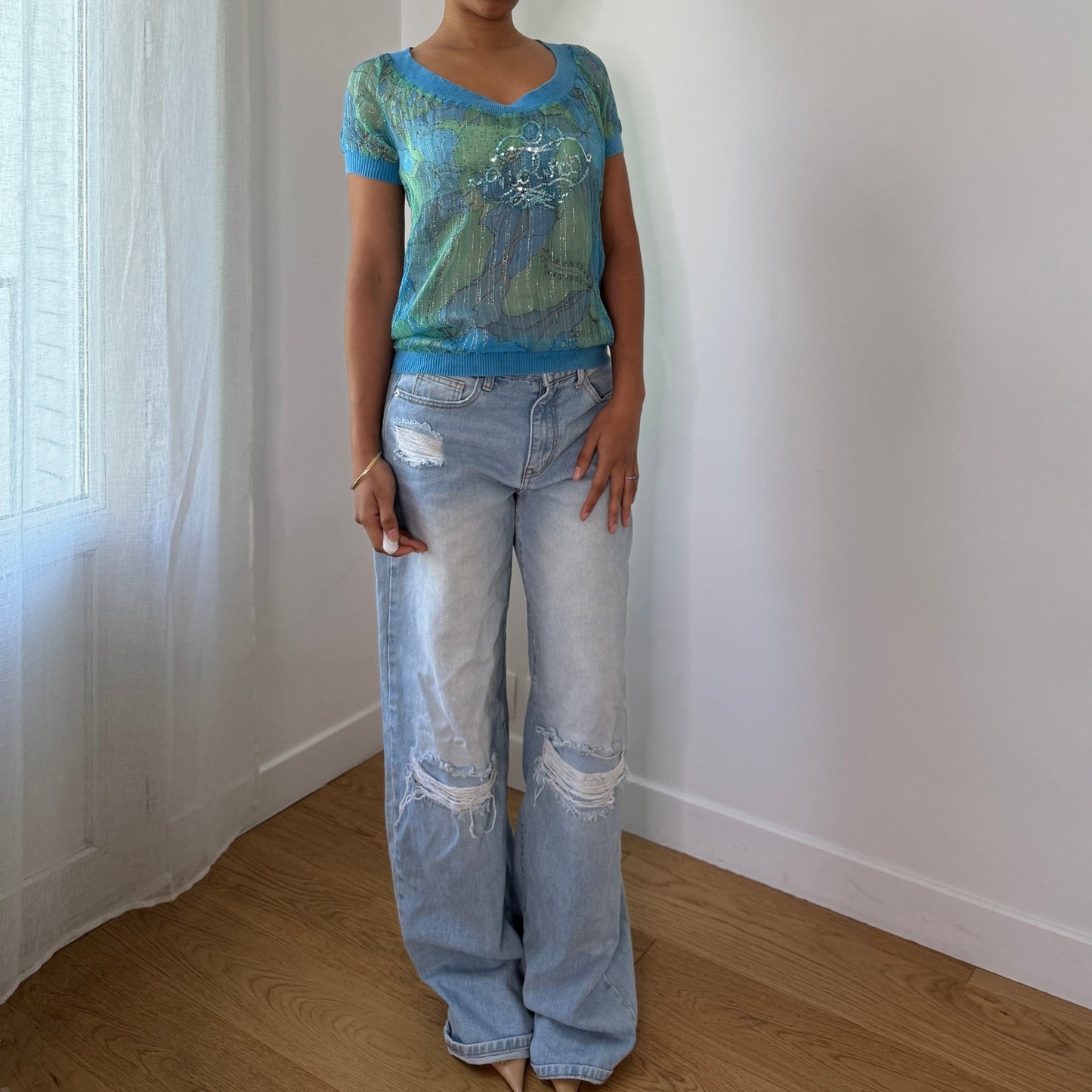 Vintage Nolita NYC Black Silk Sequin Mesh & Knit Top Fairy Grunge Y2K (S)