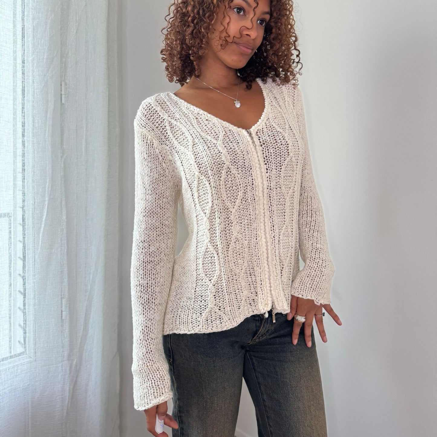 Vintage Italian White Cable Knit Cardigan Double Zip Y2K Sweater (S/M)