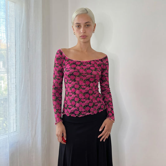 Vintage Black Pink Rose Mesh Long Sleeve Top Y2K (S/M)