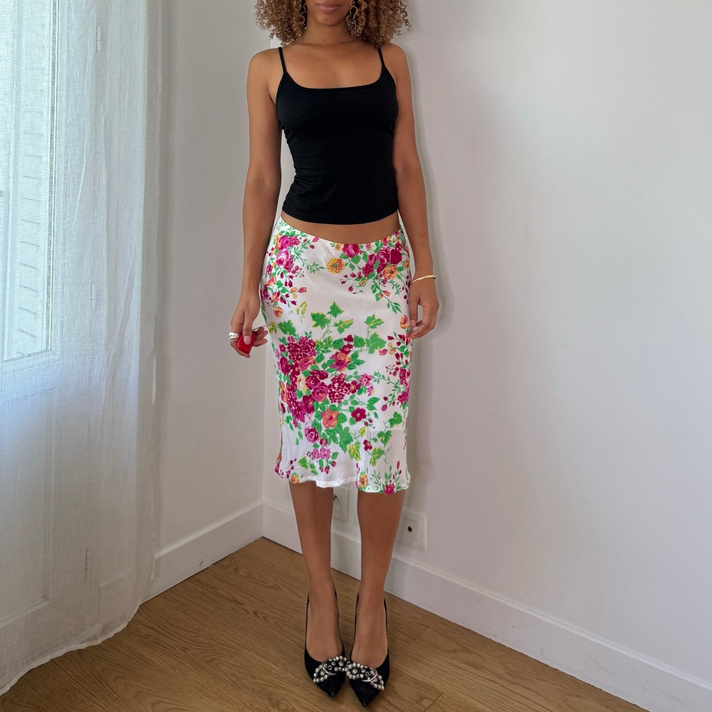 Vintage White Pink Floral Mesh Midi Skirt Double Layer Italian Y2K (S)