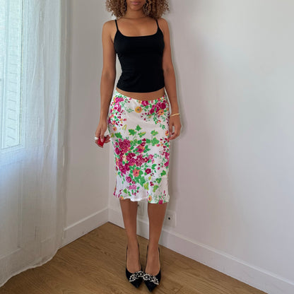 Vintage White Pink Floral Mesh Midi Skirt Double Layer Italian Y2K (S)