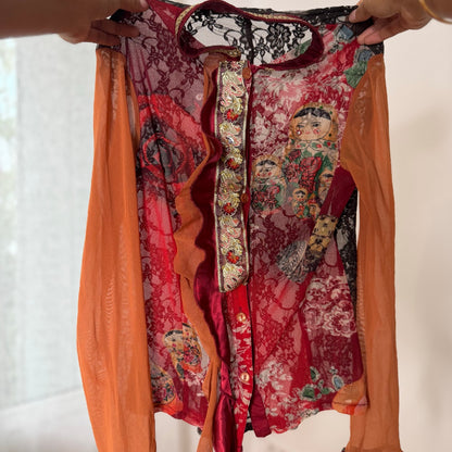 Rare Italian vintage Y2K red orange graphic print semi-sheer mesh top with sequin embellishments, lace back and ruffle trim