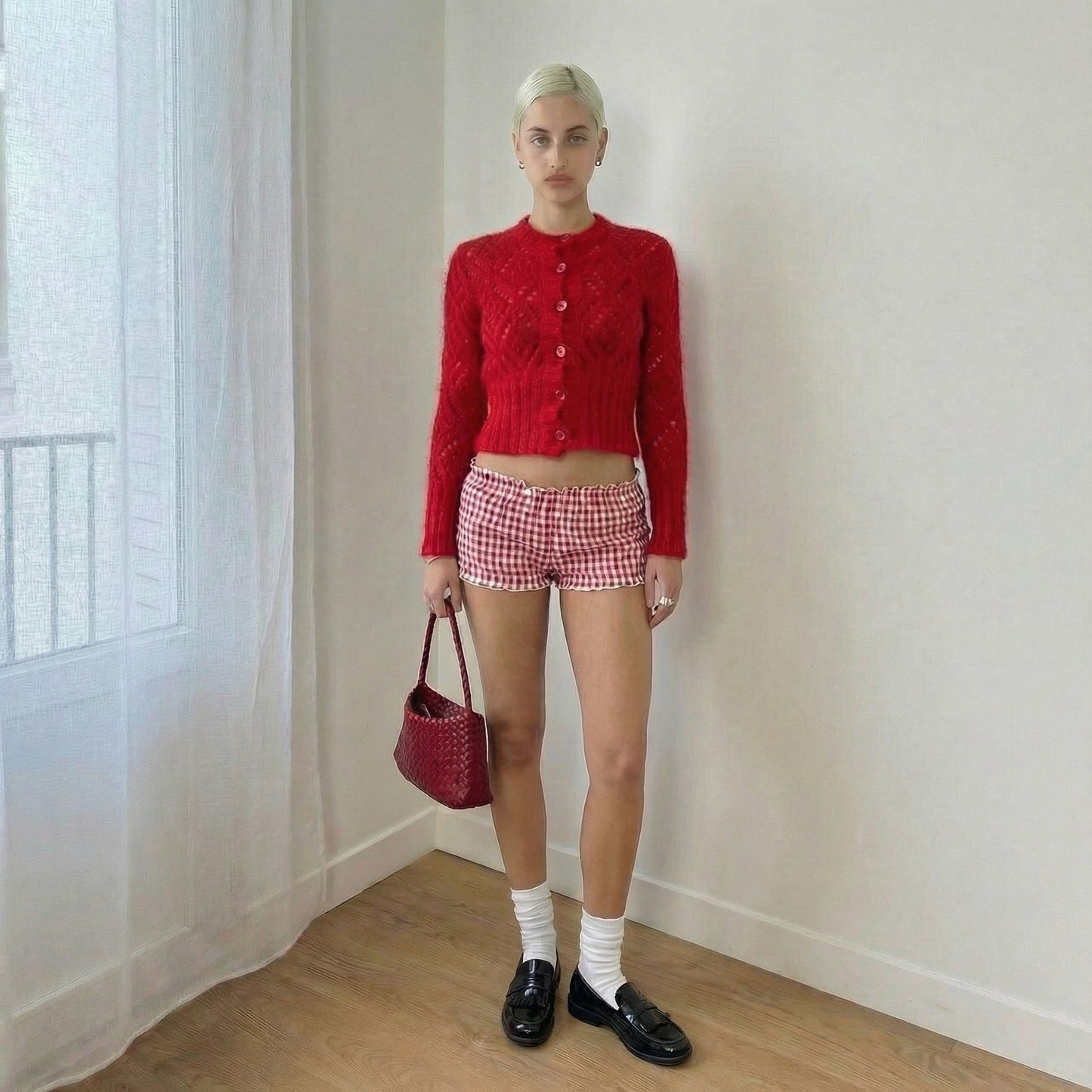 Italian Vintage 90s Red Mohair Wool Cropped Cardigan Open Knit (XS/S)