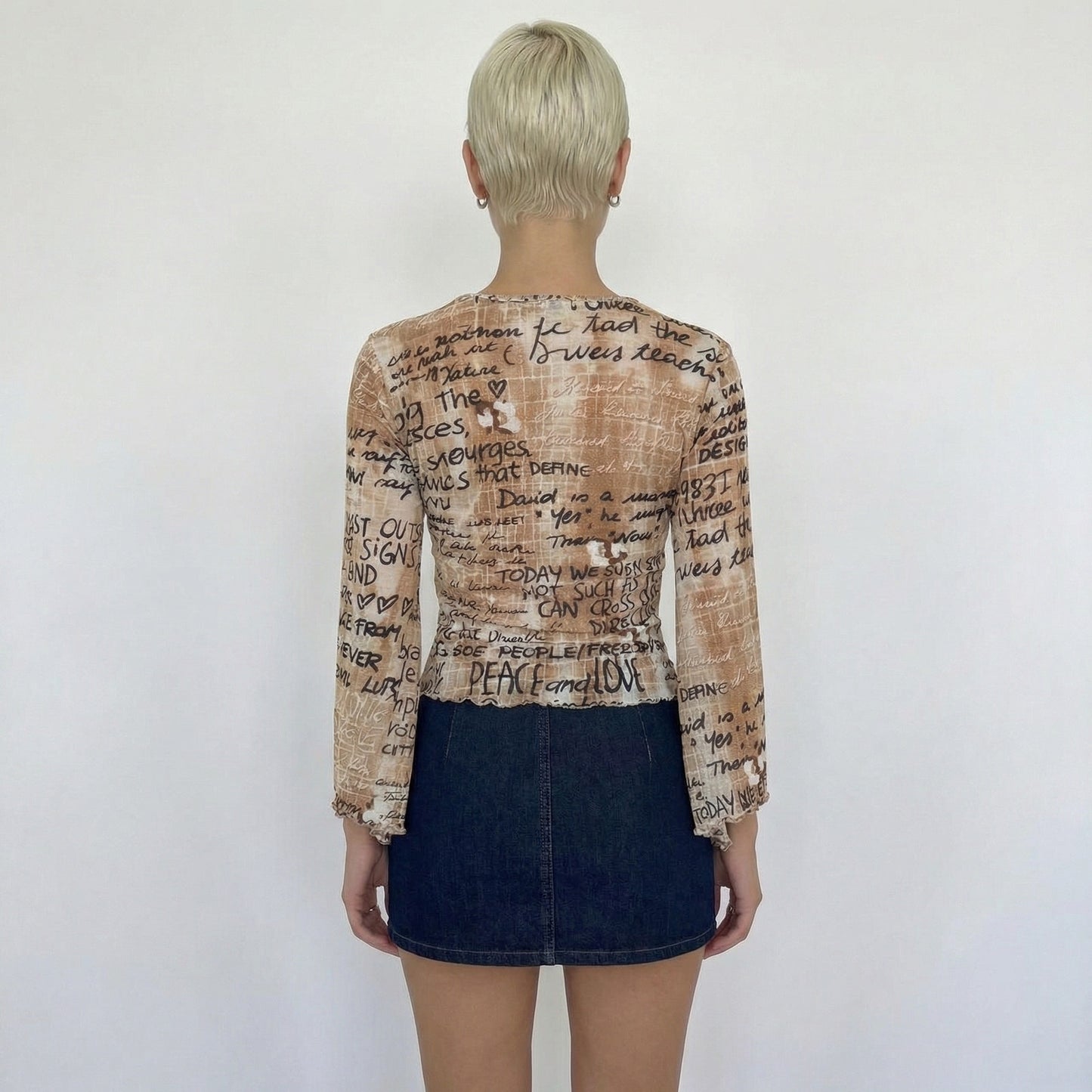 Vintage French Beige Script Print Mesh Top (S/M)