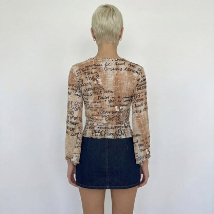 Vintage French Beige Script Print Mesh Top (S/M)