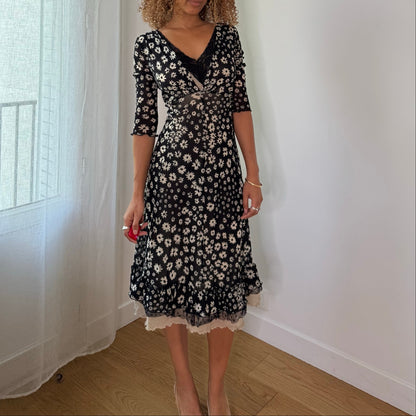 Vintage Black Cream Floral 100% Silk Lace Midi Dress Italian Y2K (M/L)