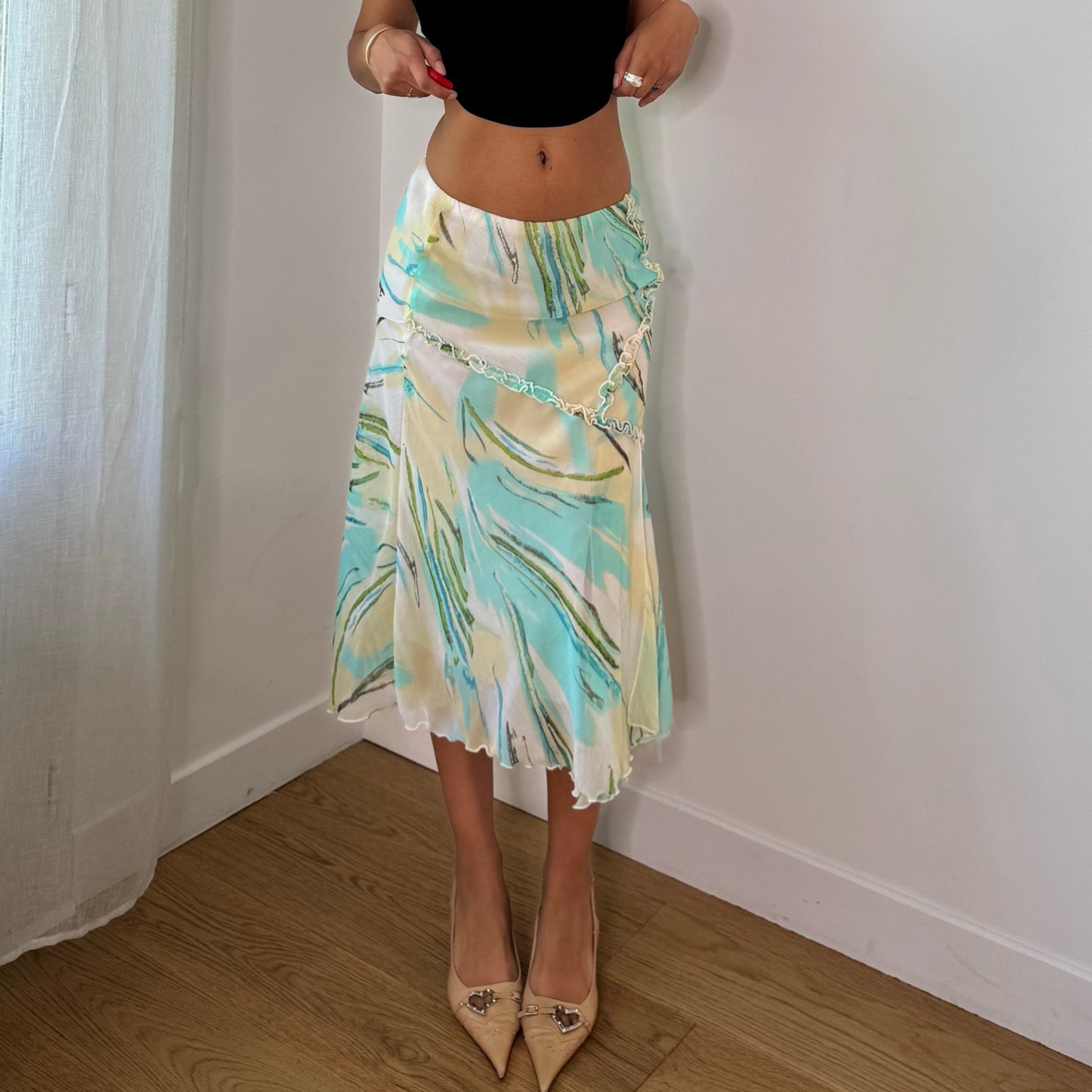 Vintage Aqua Blue Cream Green Abstract Mesh Midi Skirt Italian Y2K (XS/S)