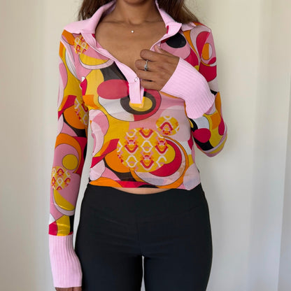 Italian Vintage Pink Orange Yellow Mod Psychedelic Print Mesh & Knit Polo Long Sleeve Top