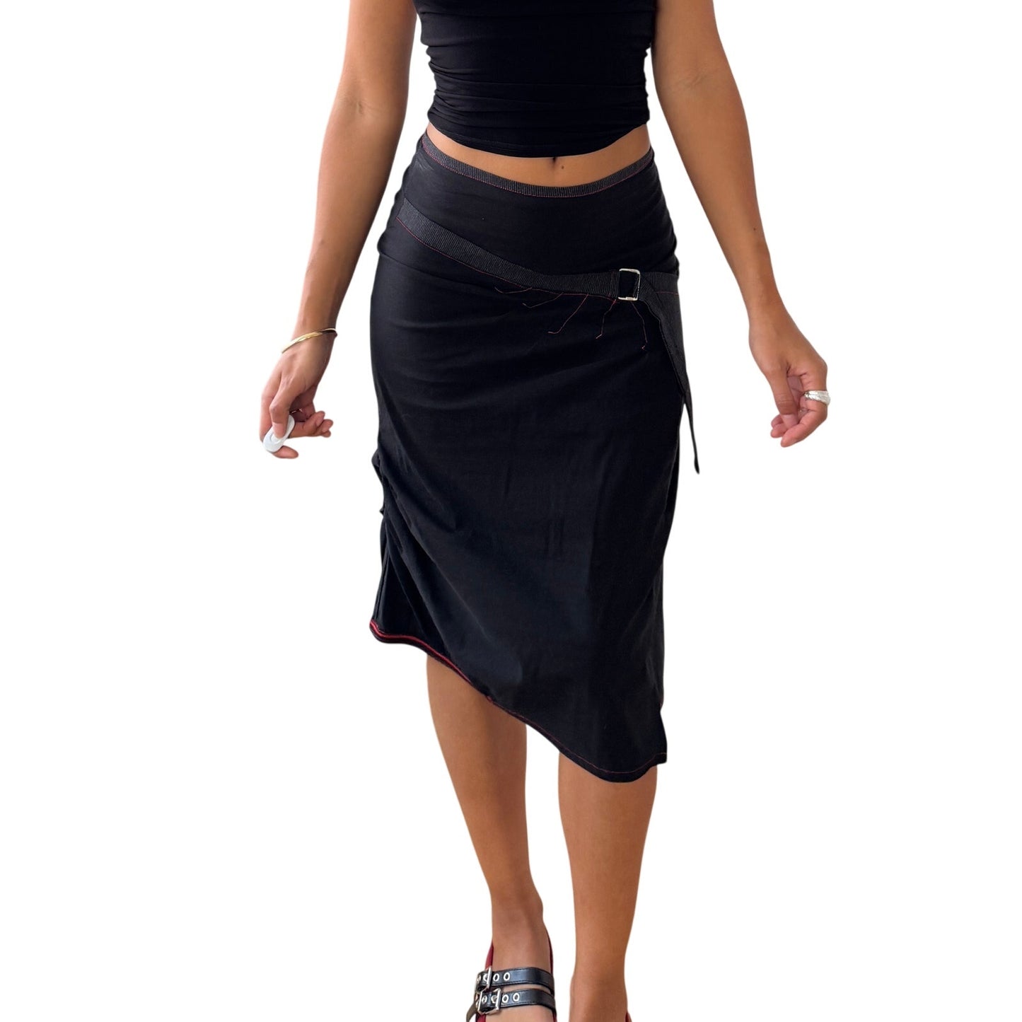Vintage French black asymmetric wrap-style midi skirt with contrast stitching (XS/S)